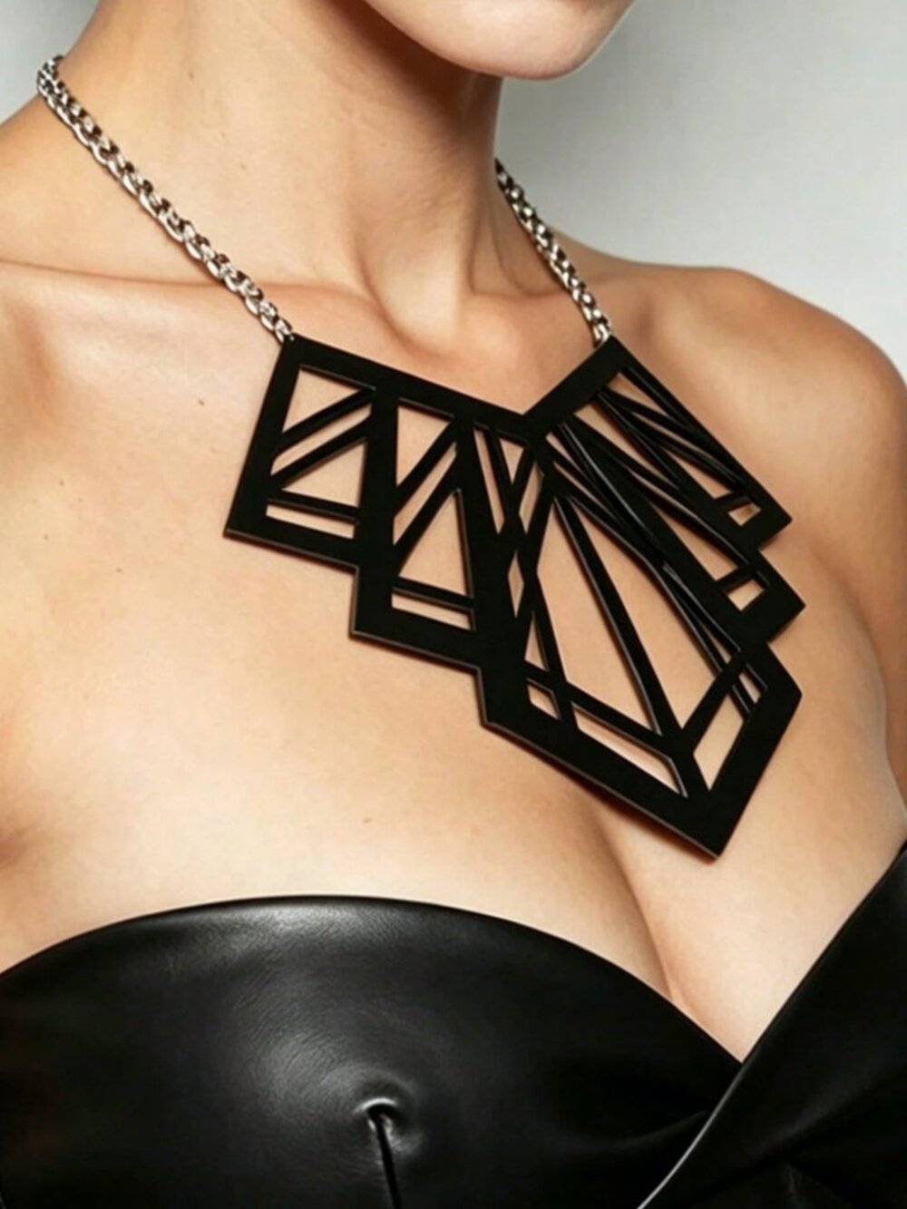 Black PU Leather Geometric Hollow V-Shape Long Necklace, Minimalist Clavicle